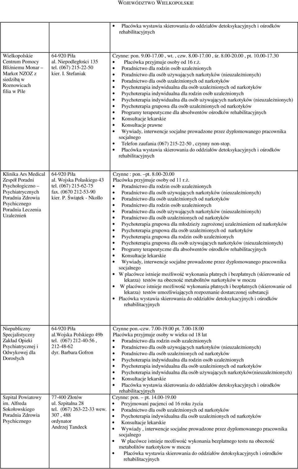 Klinika Ars Medical Zespół Poradni Psychologiczno Psychiatrycznych Poradnia Zdrowia Psychicznego Poradnia Leczenia al. Wojska Polaskiego 43 tel. (067) 215-62-75 fax. (0670 212-53-90 kier. P. Świątek - Nkollo Czynne : pon.