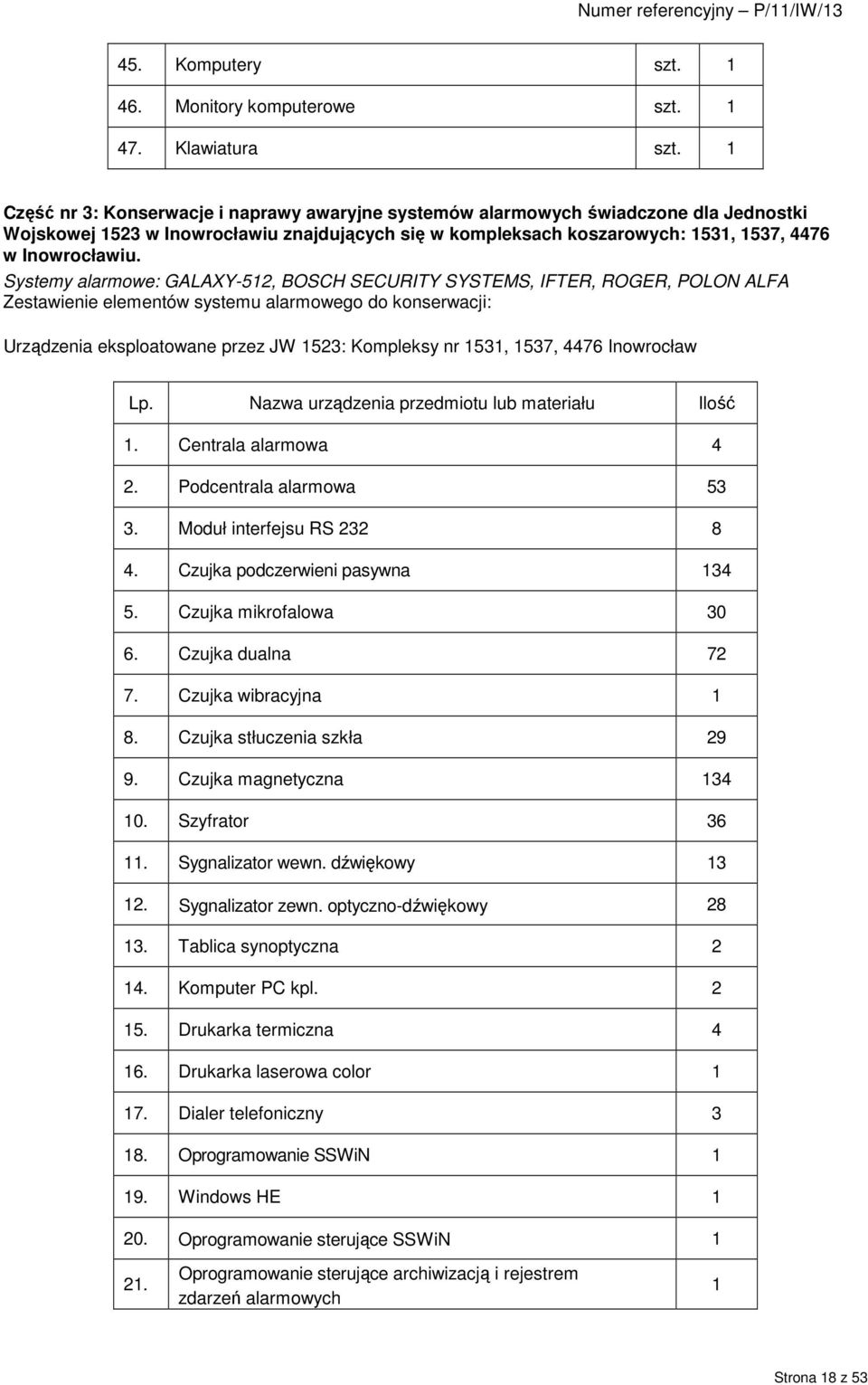Systemy alarmowe: GALAXY-512, BOSCH SECURITY SYSTEMS, IFTER, ROGER, POLON ALFA Zestawienie elementów systemu alarmowego do konserwacji: Urządzenia eksploatowane przez JW 1523: Kompleksy nr 1531,