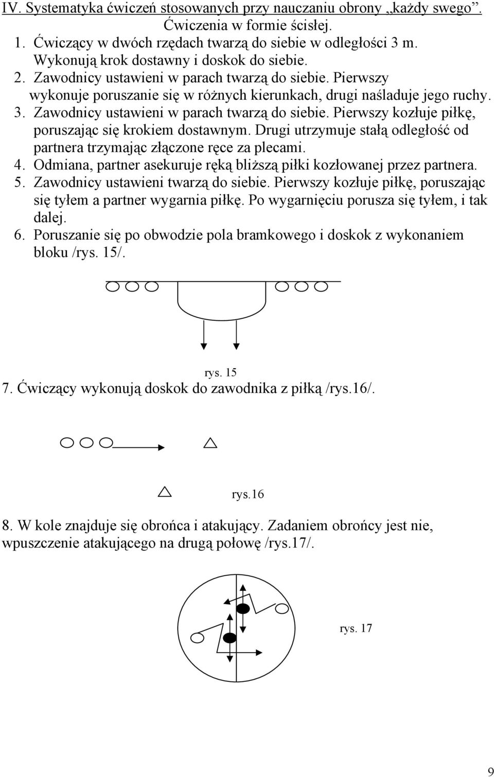 Zawodnicy ustawieni w parach twarzą do siebie. Pierwszy kozłuje piłkę, poruszając się krokiem dostawnym. Drugi utrzymuje stałą odległość od partnera trzymając złączone ręce za plecami. 4.