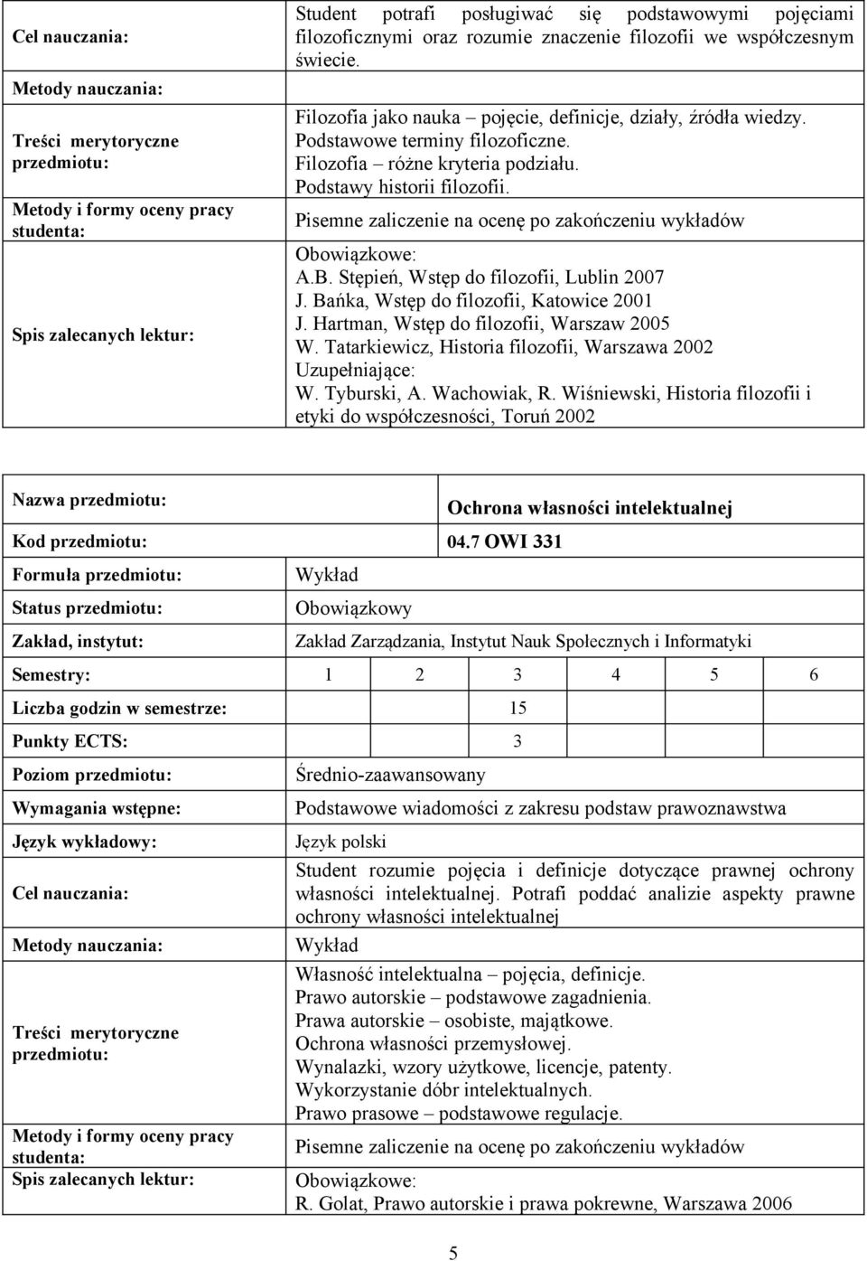 Pisemne zaliczenie na ocenę po zakończeniu wykładów Obowiązkowe: A.B. Stępień, Wstęp do filozofii, Lublin 2007 J. Bańka, Wstęp do filozofii, Katowice 2001 J.