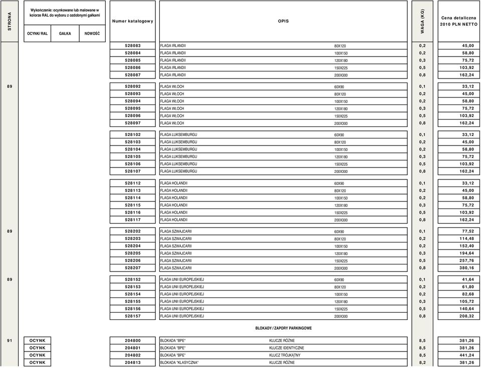 FLAGA WŁOCH 200X300 0,8 162,24 528102 FLAGA LUKSEMBURGU 60X90 0,1 33,12 528103 FLAGA LUKSEMBURGU 80X120 0,2 45,00 528104 FLAGA LUKSEMBURGU 100X150 0,2 58,80 528105 FLAGA LUKSEMBURGU 120X180 0,3 75,72