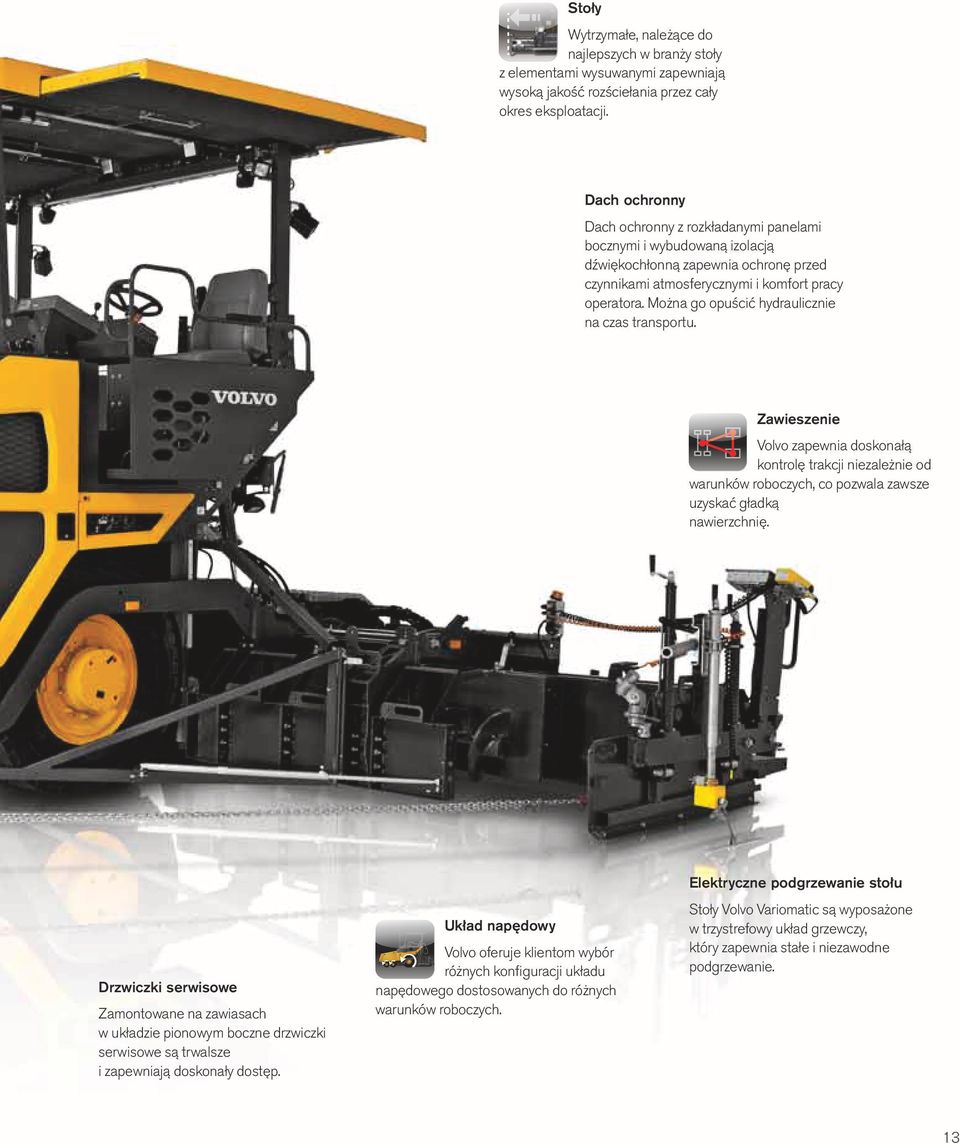 Można go opuścić hydraulicznie na czas transportu. Zawieszenie Volvo zapewnia doskonałą kontrolę trakcji niezależnie od warunków roboczych, co pozwala zawsze uzyskać gładką nawierzchnię.