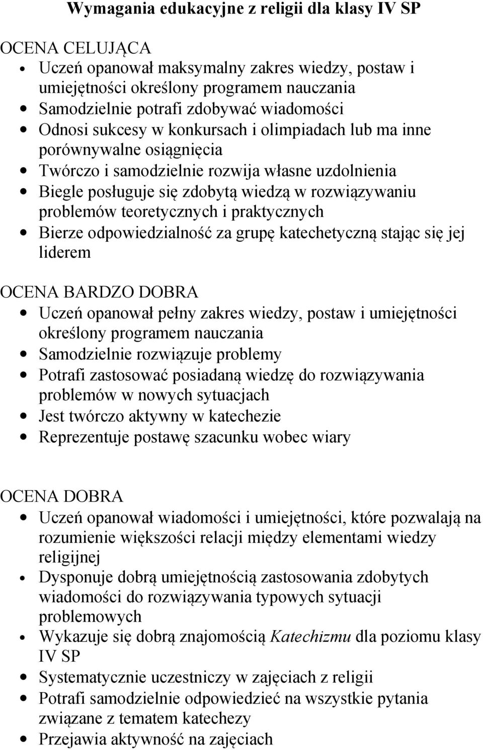 teoretycznych i praktycznych Bierze odpowiedzialność za grupę katechetyczną stając się jej liderem OCENA BARDZO DOBRA Uczeń opanował pełny zakres wiedzy, postaw i umiejętności określony programem