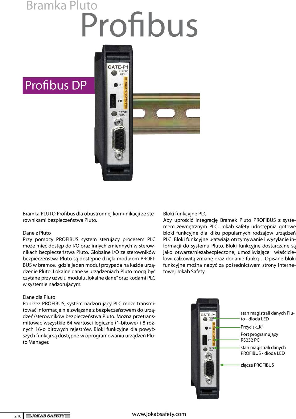 Globalne I/O ze sterowników bezpieczeństwa Pluto są dostępne dzięki modułom PROFI- BUS w bramce, gdzie jeden moduł przypada na każde urządzenie Pluto.