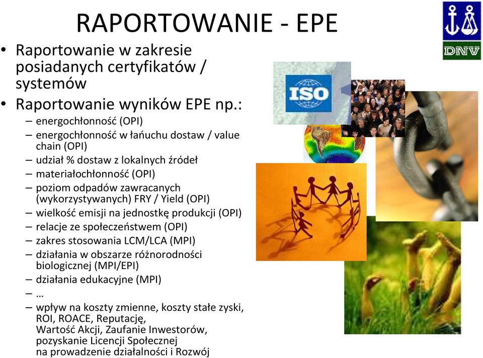 (wykorzystywanych) FRY / Yield(OPI) wielkość emisji na jednostkę produkcji (OPI) relacje ze społeczeństwem (OPI) zakres stosowania LCM/LCA (MPI) działania w obszarze