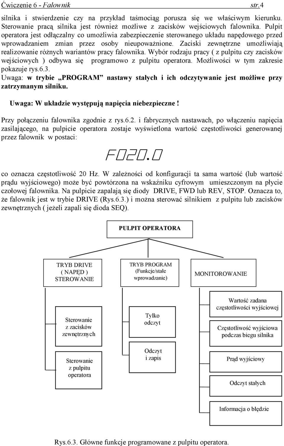 Zaciski zewnętrzne umoŝliwiają realizowanie róŝnych wariantów pracy falownika. Wybór rodzaju pracy ( z pulpitu czy zacisków wejściowych ) odbywa się programowo z pulpitu operatora.