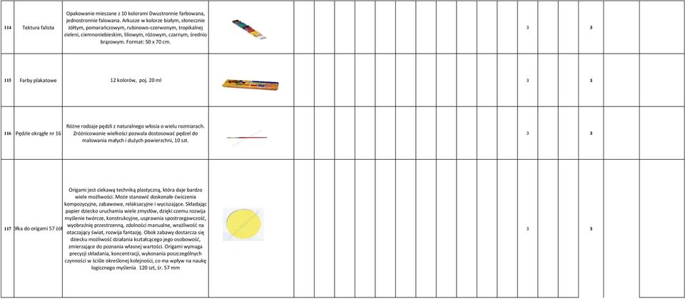 115 Farby plakatowe 12 kolorów, poj. 20 ml 116 Pędzle okrągłe nr 16 Różne rodzaje pędzli z naturalnego włosia o wielu rozmiarach.