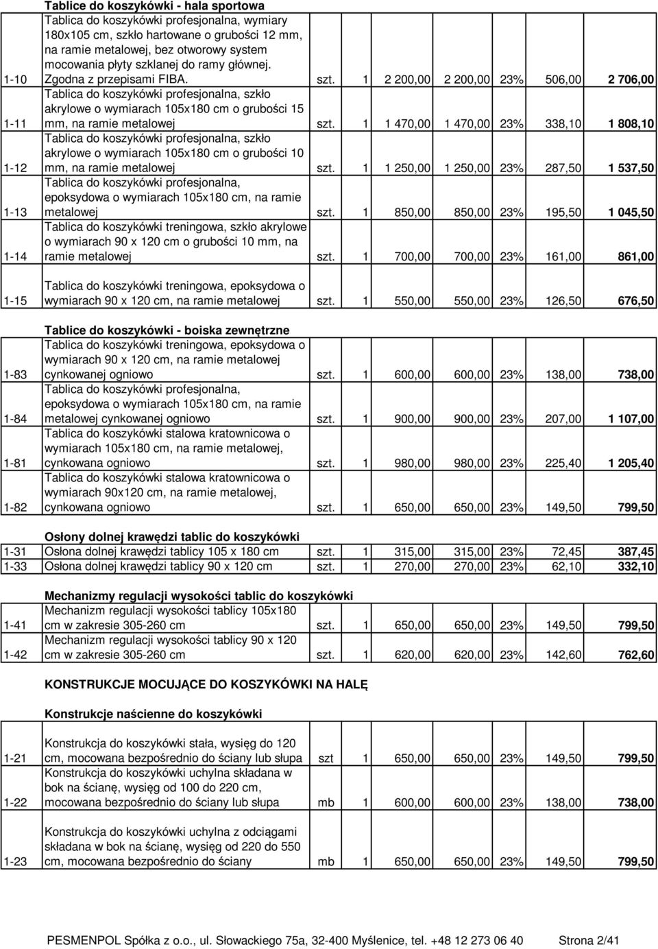 1 2 200,00 2 200,00 23% 506,00 2 706,00 Tablica do koszykówki profesjonalna, szkło akrylowe o wymiarach 105x180 cm o grubości 15 mm, na ramie metalowej szt.