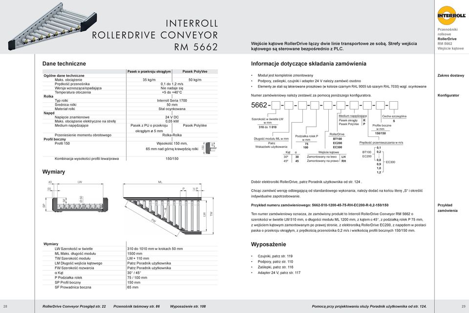 obciążenie 35 kg/m 50 kg/m Prędkość przenośnika 0,1 do 1,2 m/s Wersja wznosząca/opadająca Nie nadaje się +5 do +40 C Rolka Typ rolki Interroll eria 1700 Średnica rolki 50 mm Materiał rolki tal