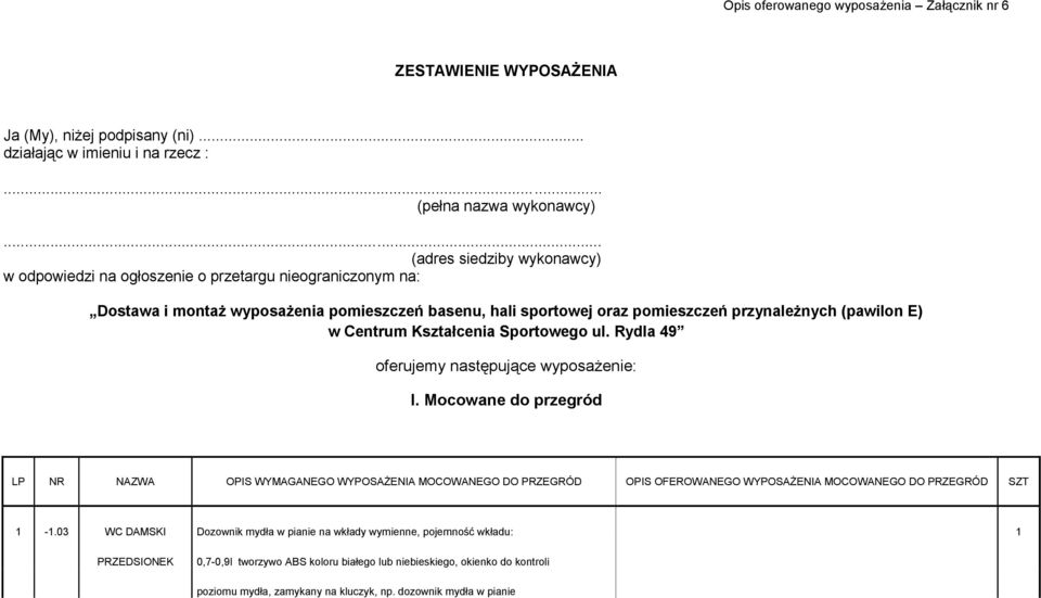 Centrum Kształcenia Sportowego ul. Rydla 49 oferujemy następujące wyposażenie: I.