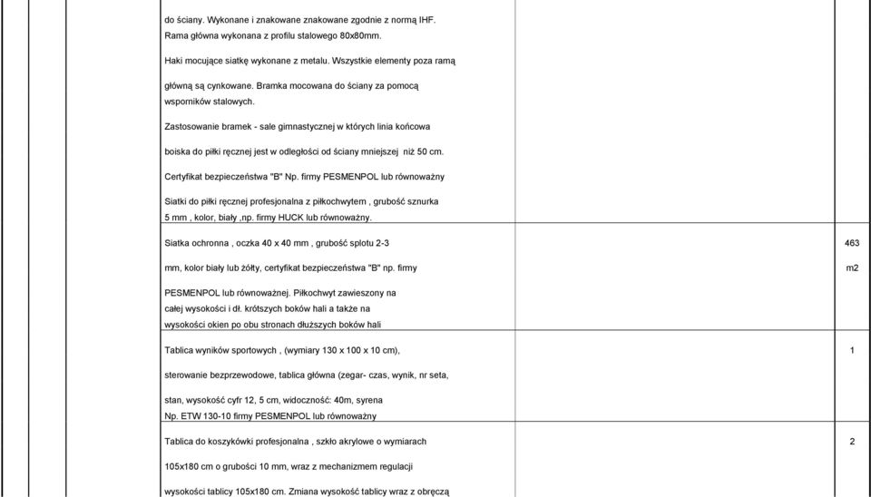 Zastosowanie bramek - sale gimnastycznej w których linia końcowa boiska do piłki ręcznej jest w odległości od ściany mniejszej niż 50 cm. Certyfikat bezpieczeństwa "B" Np.