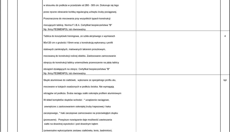 firmy PESMENPOL lub równoważny Tablica do koszykówki treningowa, ze szkła akrylowego o wymiarach 4 90x120 cm o grubości 10mm wraz z konstrukcją wykonaną z profili stalowych zamkniętych, malowanych