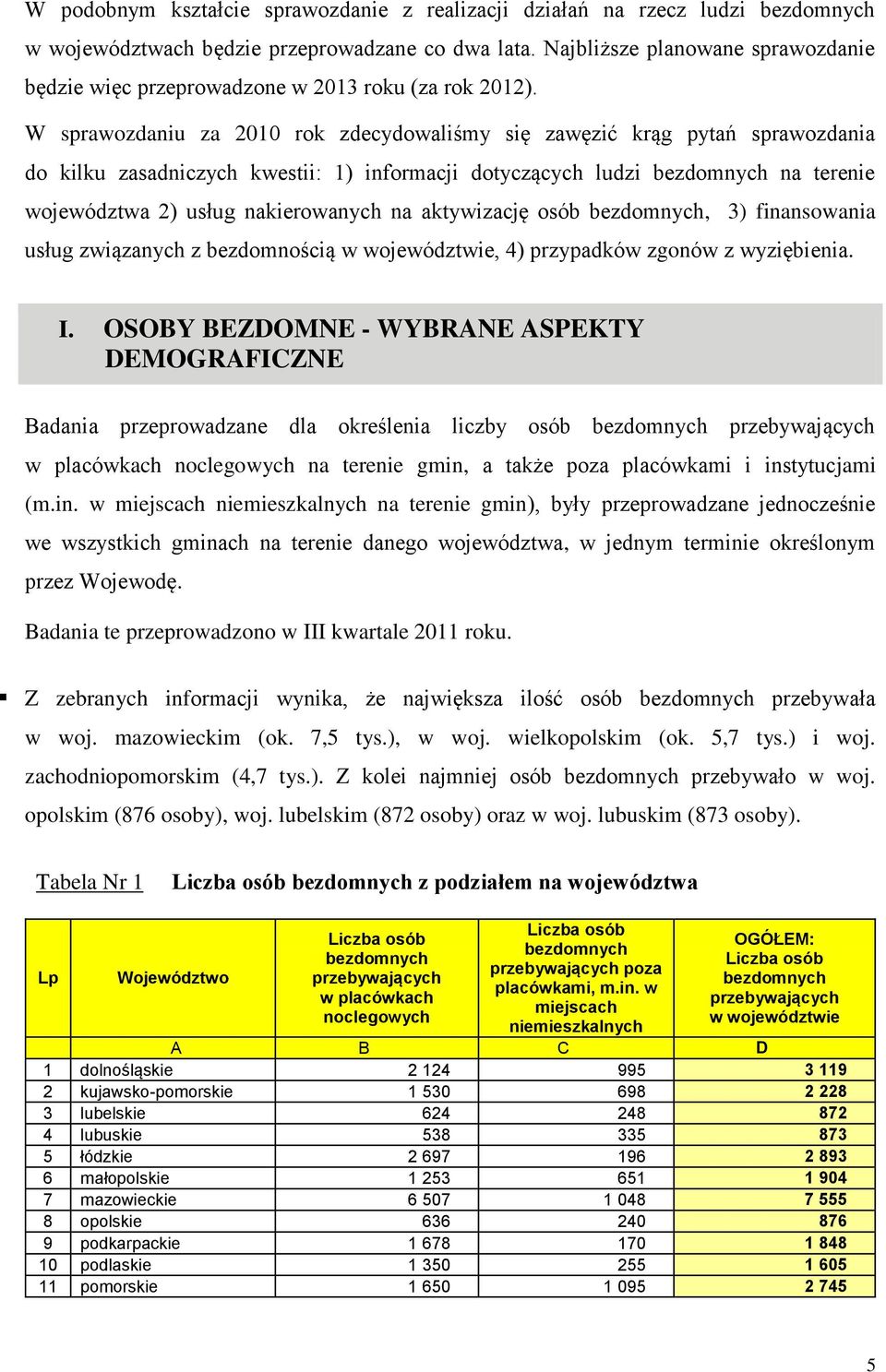 W sprawozdaniu za 2010 rok zdecydowaliśmy się zawęzić krąg pytań sprawozdania do kilku zasadniczych kwestii: 1) informacji dotyczących ludzi na terenie województwa 2) usług nakierowanych na