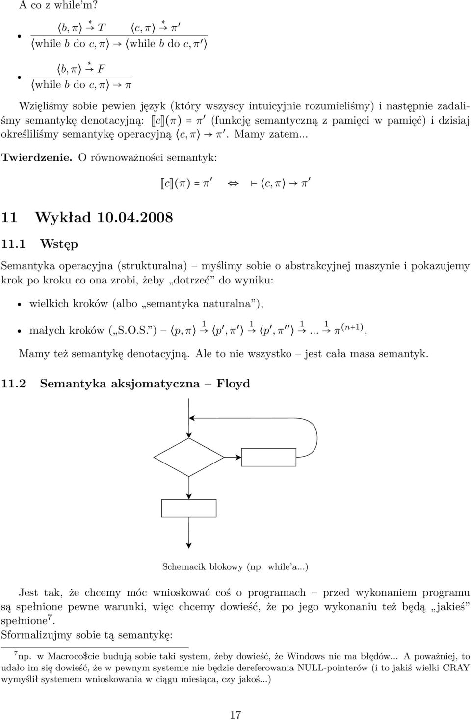 (funkcję semantyczną z pamięci w pamięć) i dzisiaj określiliśmy semantykę operacyjną c, π π. Mamy zatem... Twierdzenie. O równoważności semantyk: 11 Wykład 10.04.2008 11.