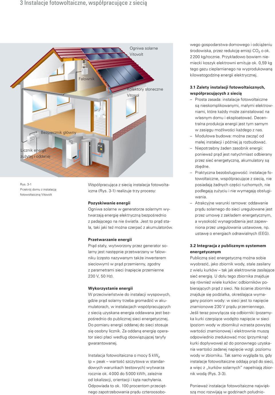 Bezpiecznik główny Licznik energii zużytej i oddanej Rys. 3-1 Przekrój domu z instalacją fotowoltaiczną Vitovolt Współpracująca z siecią instalacja fotowoltaiczna (Rys.