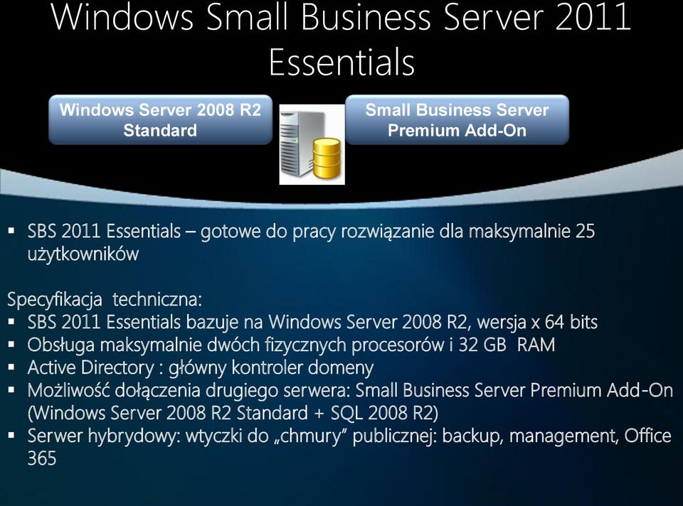 Obsługa maksymalnie dwóch fizycznych procesorów i 32 GB RAM Active Directory : główny kontroler domeny Możliwość dołączenia drugiego serwera: Small