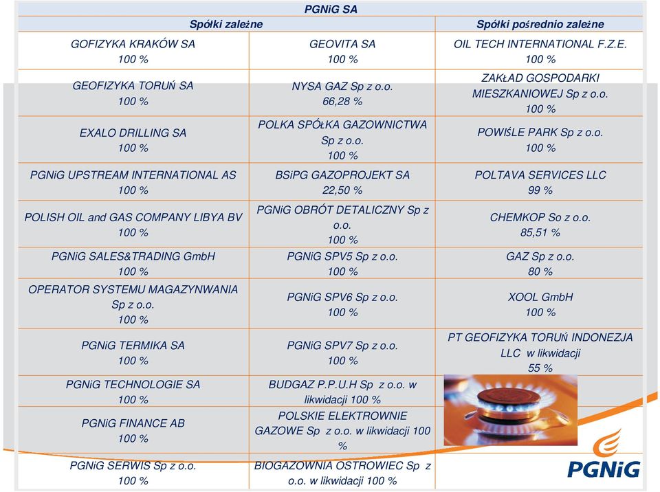 o. PGNiG SPV5 Sp z o.o. PGNiG SPV6 Sp z o.o. PGNiG SPV7 Sp z o.o. BUDGAZ P.P.U.H Sp z o.o. w likwidacji POLSKIE ELEKTROWNIE GAZOWE Sp z o.o. w likwidacji 100 % BIOGAZOWNIA OSTROWIEC Sp z o.o. w likwidacji OIL TECH INTERNATIONAL F.