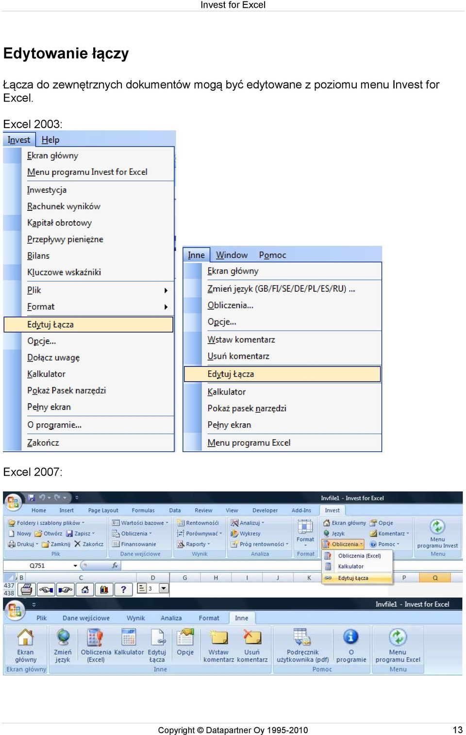 menu Invest for Excel.