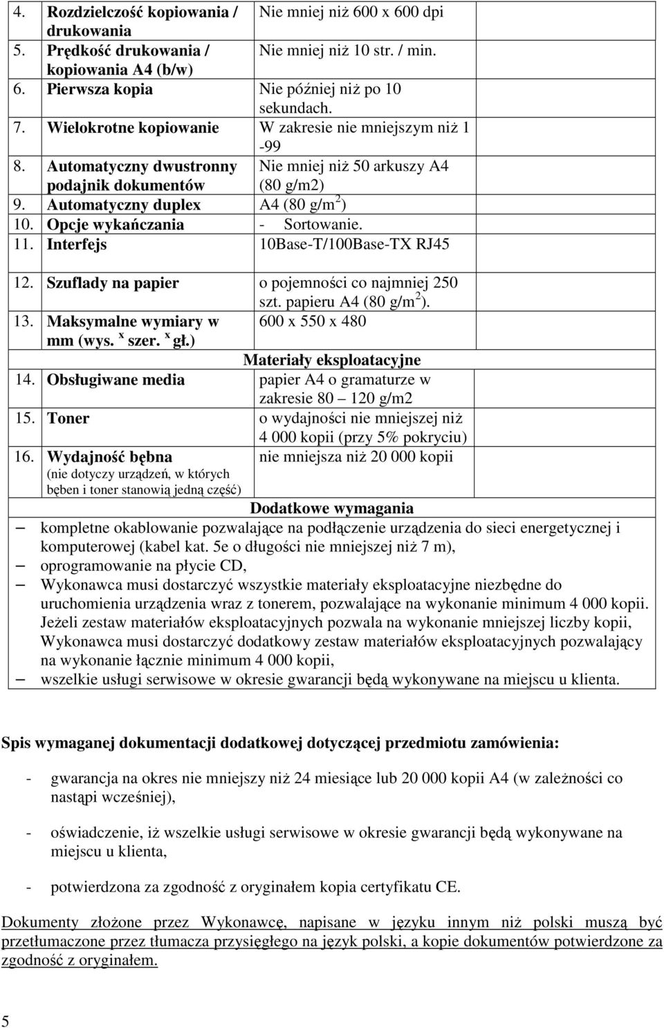 Opcje wykańczania - Sortowanie. 11. Interfejs 10Base-T/100Base-TX RJ45 12. Szuflady na papier o pojemności co najmniej 250 szt. papieru A4 (80 g/m 2 ). 13.