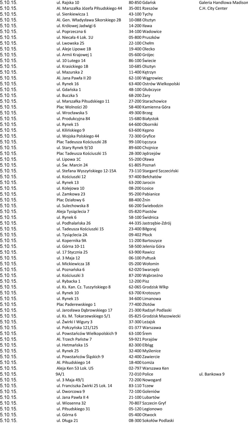 10.15. ul. Aleje Lipowe 1B 19-400 Olecko 5.10.15. ul. Armii Krajowej 1 05-600 Grójec 5.10.15. ul. 10 Lutego 14 86-100 Świecie 5.10.15. ul. Krasickiego 1B 10-685 Olsztyn 5.10.15. ul. Mazurska 2 11-400 Kętrzyn 5.