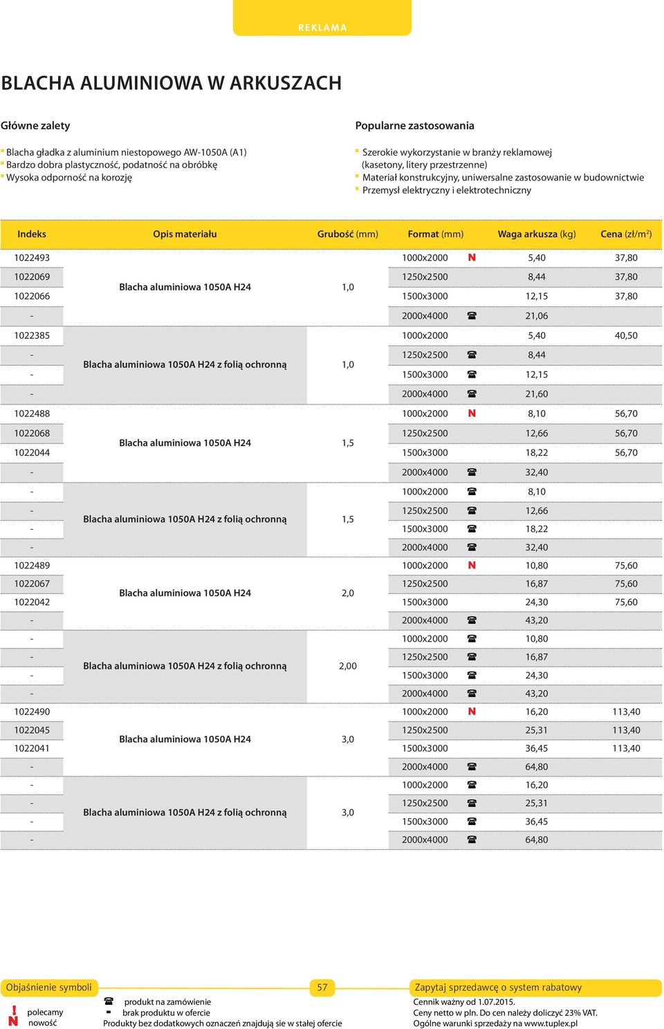 materiału Grubość Format Waga arkusza (kg) Cena (zł/m 2 ) 1022493 1000x2000 5,40 37,80 1022069 1250x2500 8,44 37,80 1022066 Blacha aluminiowa 1050A H24 1,0 1500x3000 12,15 37,80-2000x4000 21,06