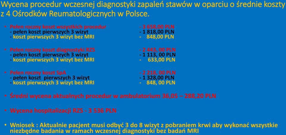 PLN - pełen koszt pierwszych 3 wizyt - 1 113, 00 PLN - koszt pierwszych 3 wizyt bez MRI - 633,00 PLN Pełen roczny koszt SpA - 2 218, 00 PLN - pełen koszt pierwszych 3 wizyt - 1 328,00 PLN - koszt