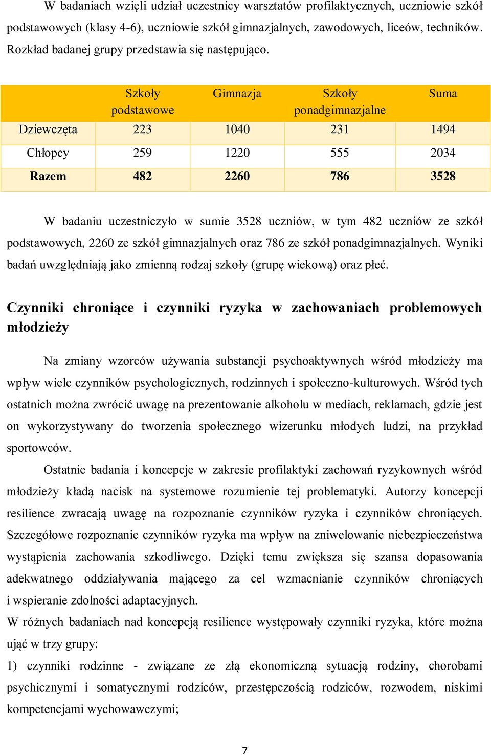 Szkoły podstawowe Gimnazja Szkoły ponadgimnazjalne Suma Dziewczęta 223 1040 231 1494 Chłopcy 259 1220 555 2034 Razem 482 2260 786 3528 W badaniu uczestniczyło w sumie 3528 uczniów, w tym 482 uczniów