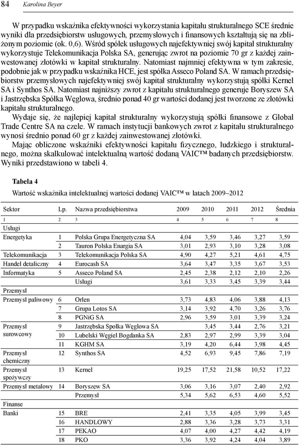 Wśród spółek usługowych najefektywniej swój kapitał strukturalny wykorzystuje Telekomunikacja Polska SA, generując zwrot na poziomie 70 gr z każdej zainwestowanej złotówki w kapitał strukturalny.