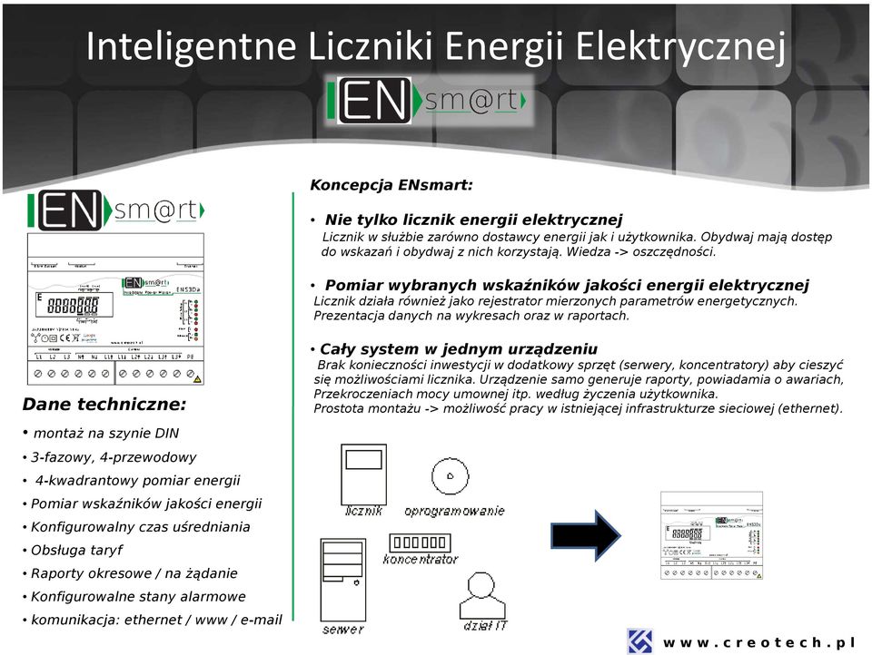 Pomiar wybranych wskaźników jakości energii elektrycznej Licznik działa również jako rejestrator mierzonych parametrów energetycznych. Prezentacja danych na wykresach oraz w raportach.