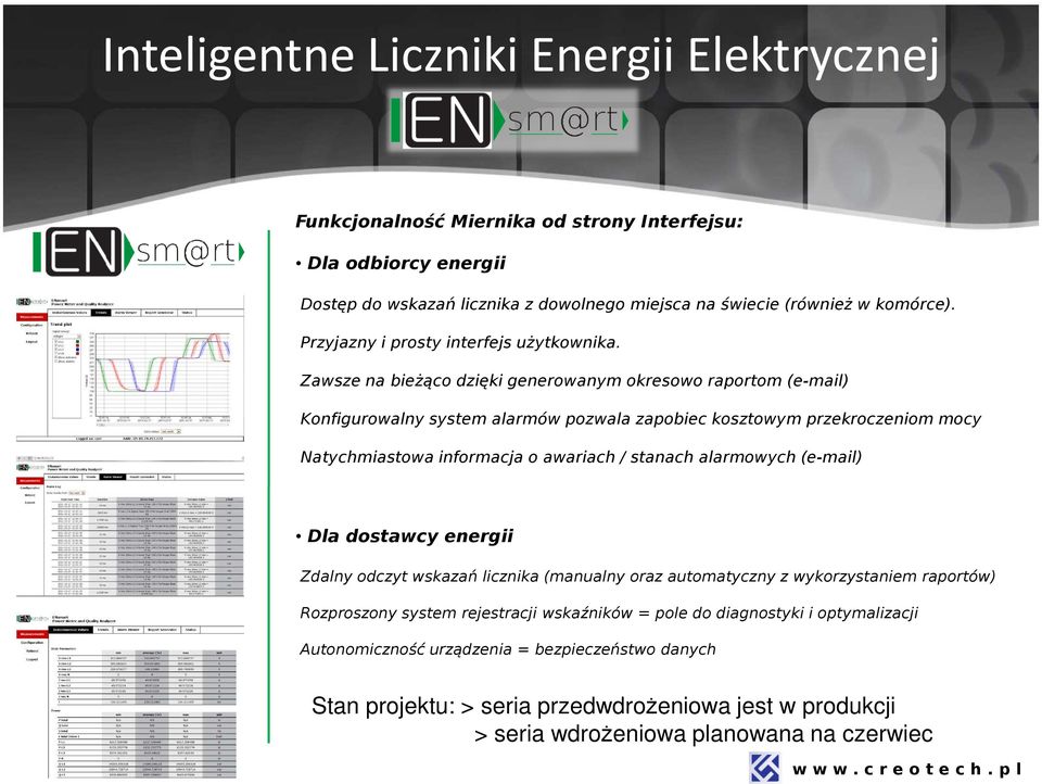 Zawsze na bieżąco dzięki generowanym okresowo raportom (e-mail) Konfigurowalny system alarmów pozwala zapobiec kosztowym przekroczeniom mocy Natychmiastowa informacja o awariach / stanach