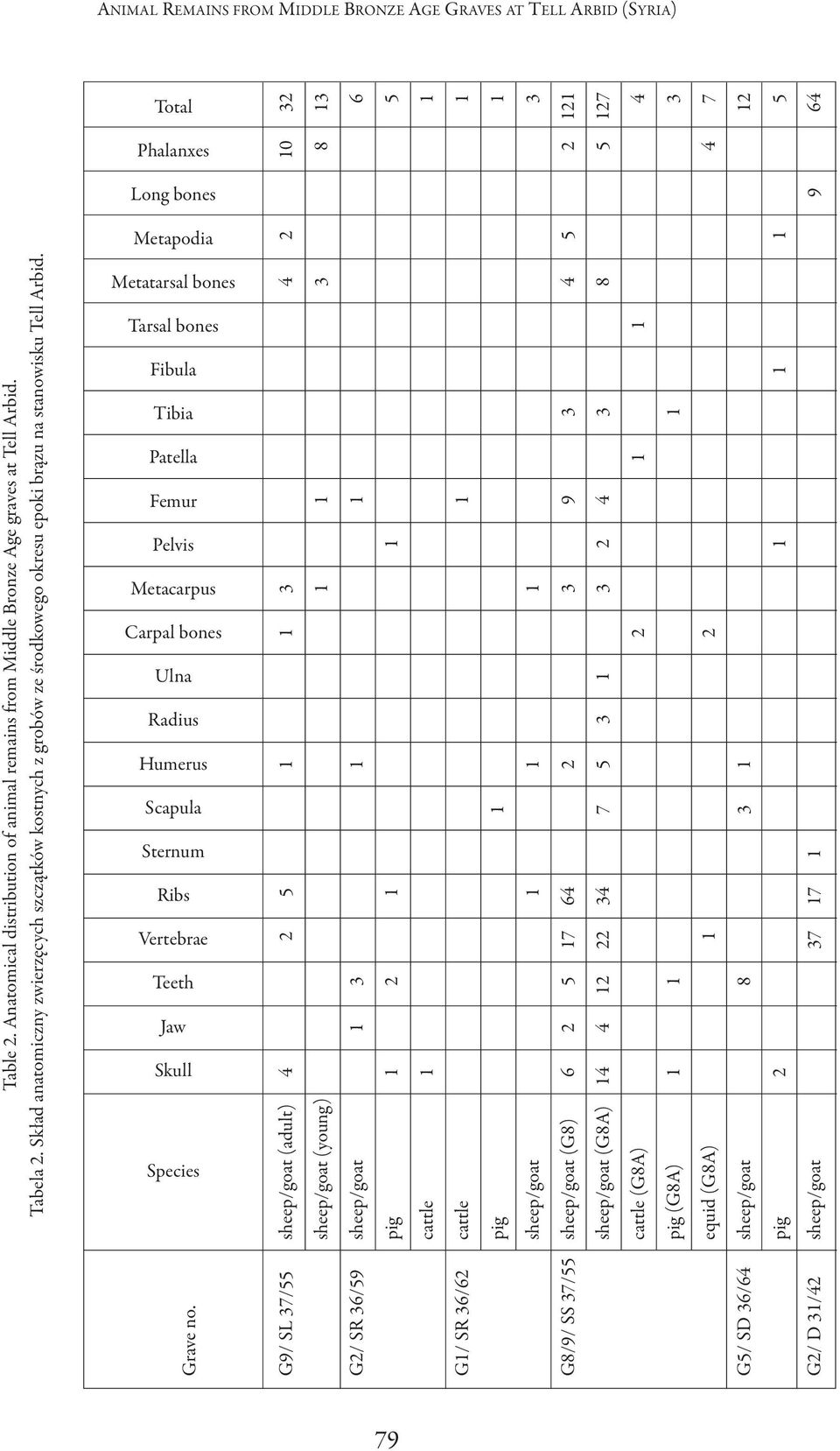 Total Phalanxes Long bones Metapodia Metatarsal bones Tarsal bones Fibula Tibia Patella Femur Pelvis Metacarpus Carpal bones Ulna Radius humerus Scapula Sternum Ribs vertebrae Teeth Jaw Skull Species