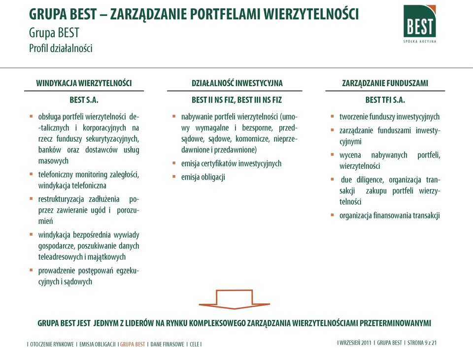 funduszy sekurytyzacyjnych, banków oraz dostawców usług masowych telefoniczny monitoring zaległości, windykacja telefoniczna restrukturyzacja zadłużenia poprzez zawieranie ugód i porozumień