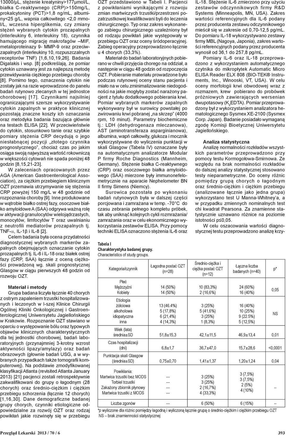 receptorów TNF) [1,6,10,19,26]. Badania Digalakis i wsp. [8] podkreślają, że pomiar cytokin uznawany jest za najlepszą metodę przewidywania ciężkiego przebiegu choroby [8].