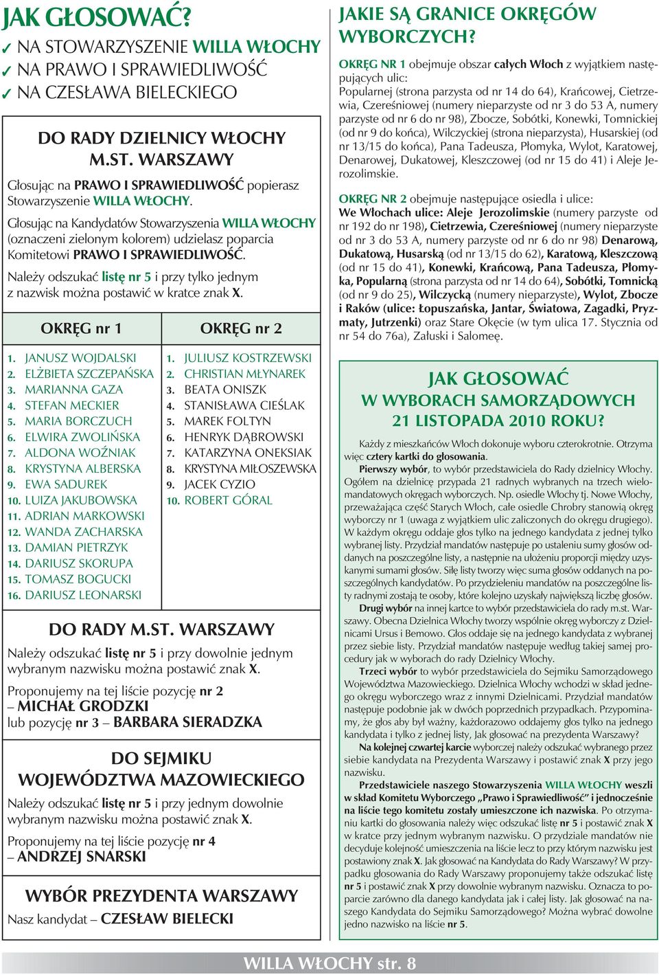 Należy odszukać listę nr 5 i przy tylko jednym z nazwisk można postawić w kratce znak X. OKRĘG nr 1 OKRĘG nr 2 1. JANUSZ WOJDALSKI 2. ELŻBIETA SZCZEPAŃSKA 3. MARIANNA GAZA 4. STEFAN MECKIER 5.