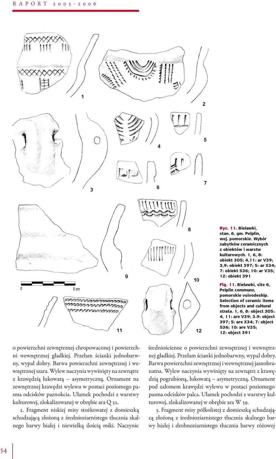 Selection of ceramic items from objects and cultural strata. 1, 6, 8: object 305; 4, 11: are V39; 3.