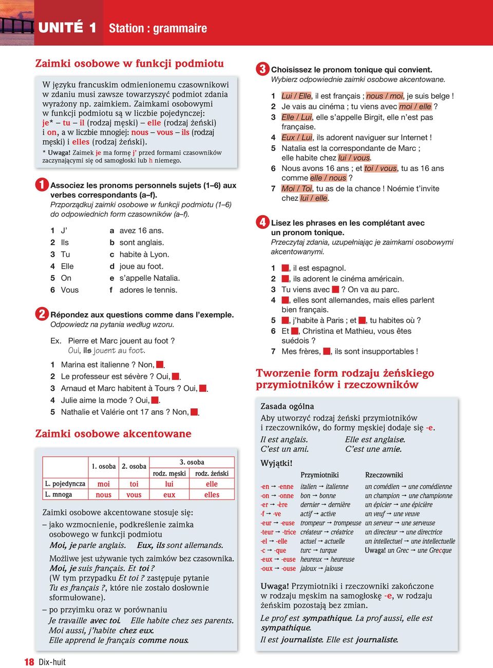 Zaimek je ma form j przed formami czasowników zaczynajàcymi si od samogłoski lub h niemego. 1 Associez les pronoms personnels sujets (1 6) aux verbes correspondants (a f).