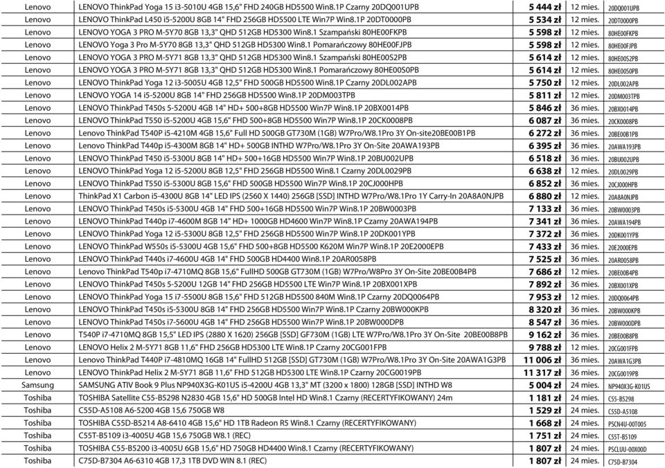 80HE00FKPB Lenovo LENOVO Yoga 3 Pro M-5Y70 8GB 13,3" QHD 512GB HD5300 Win8.1 Pomarańczowy 80HE00FJPB 5 598 zł 12 mies. 80HE00FJPB Lenovo LENOVO YOGA 3 PRO M-5Y71 8GB 13,3" QHD 512GB HD5300 Win8.