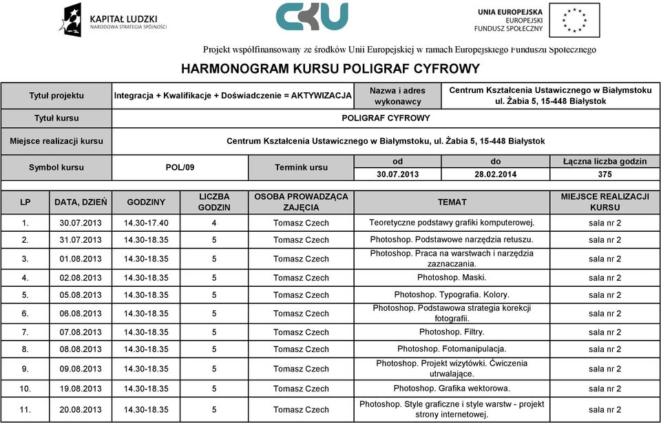 Żabia 5, 15-448 Białystok Tytuł kursu Miejsce realizacji kursu POLIGRAF CYFROWY Centrum Kształcenia Ustawicznego w Białymstoku, ul.