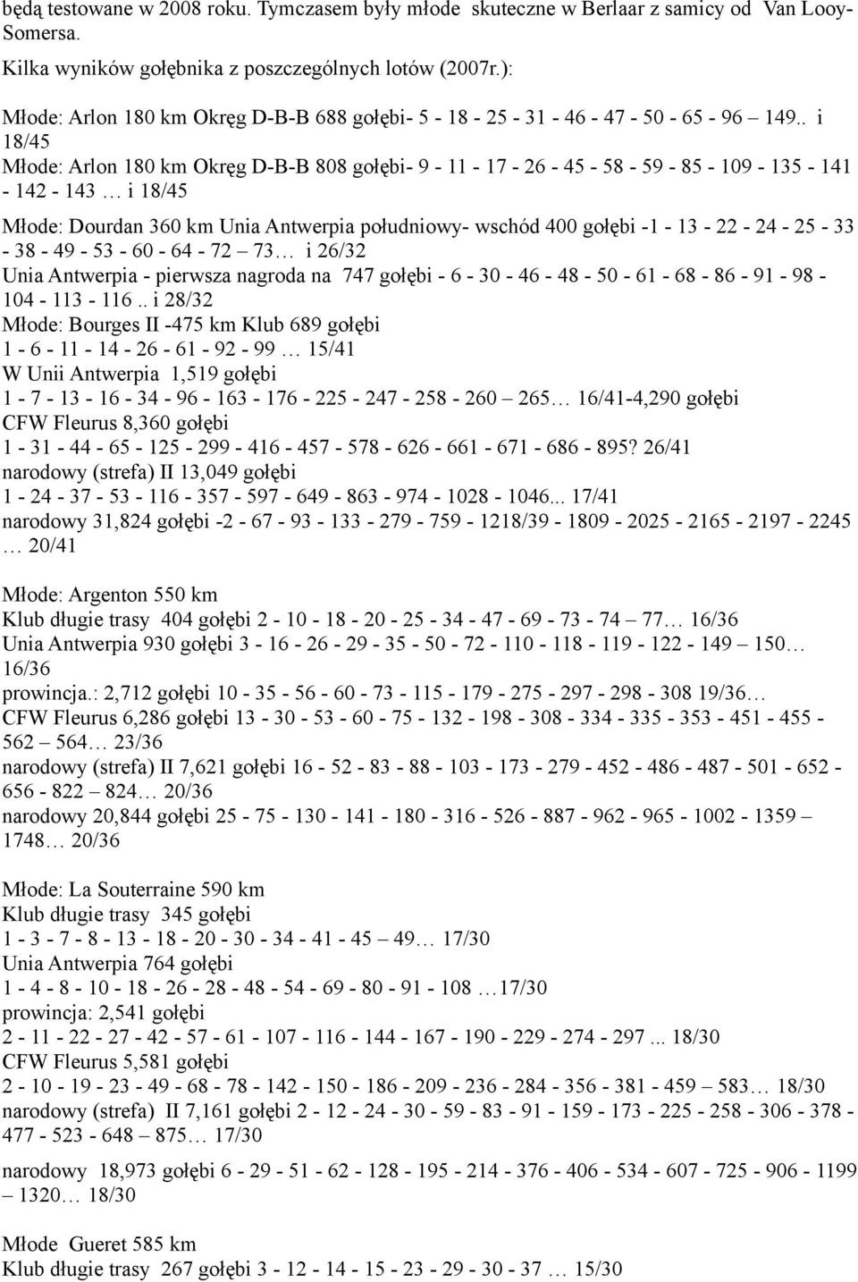 . i 18/45 Młode: Arlon 180 km Okręg D-B-B 808 gołębi- 9-11 - 17-26 - 45-58 - 59-85 - 109-135 - 141-142 - 143 i 18/45 Młode: Dourdan 360 km Unia Antwerpia południowy- wschód 400 gołębi -1-13 - 22-24 -