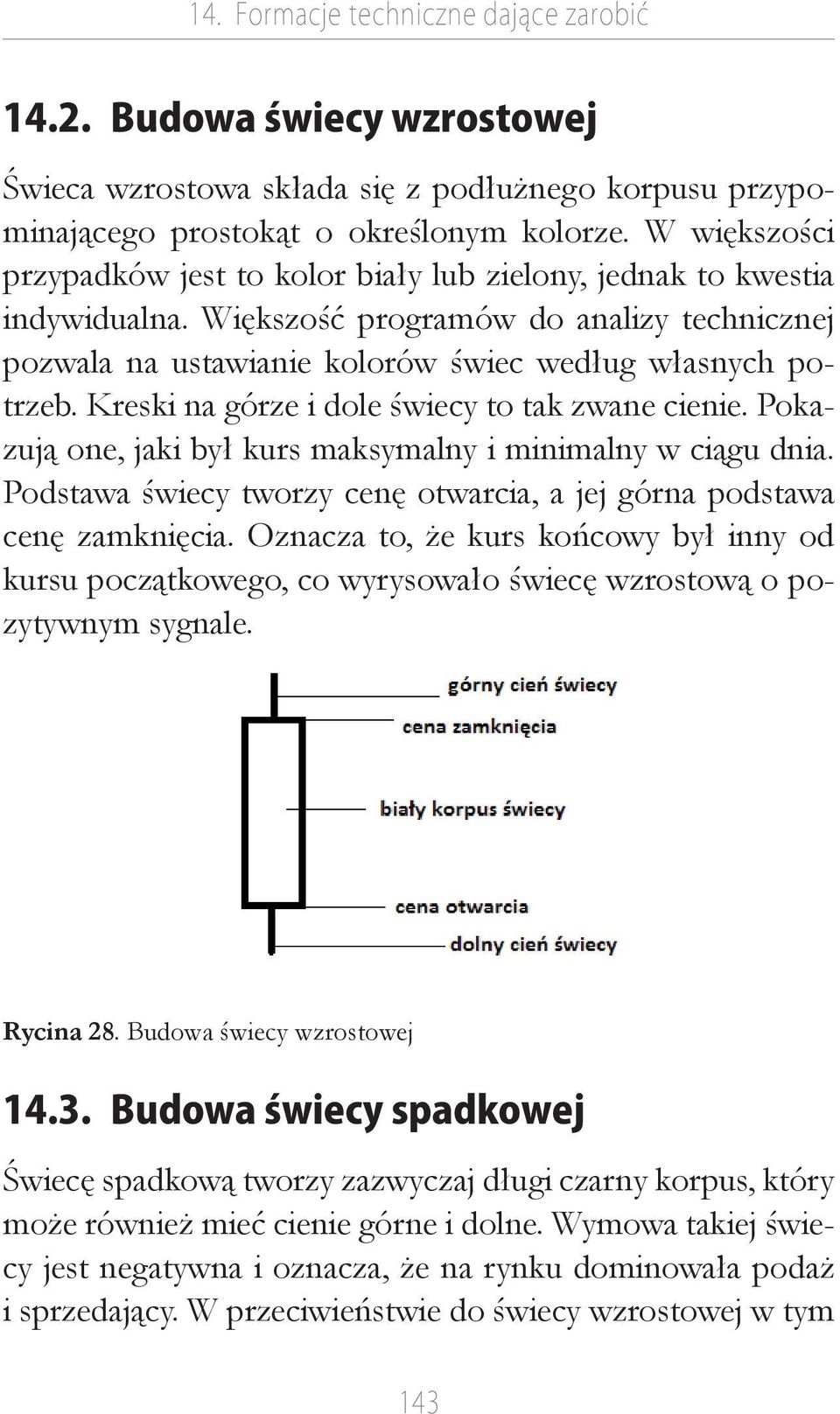 Kreski na górze i dole świecy to tak zwane cienie. Pokazują one, jaki był kurs maksymalny i minimalny w ciągu dnia. Podstawa świecy tworzy cenę otwarcia, a jej górna podstawa cenę zamknięcia.