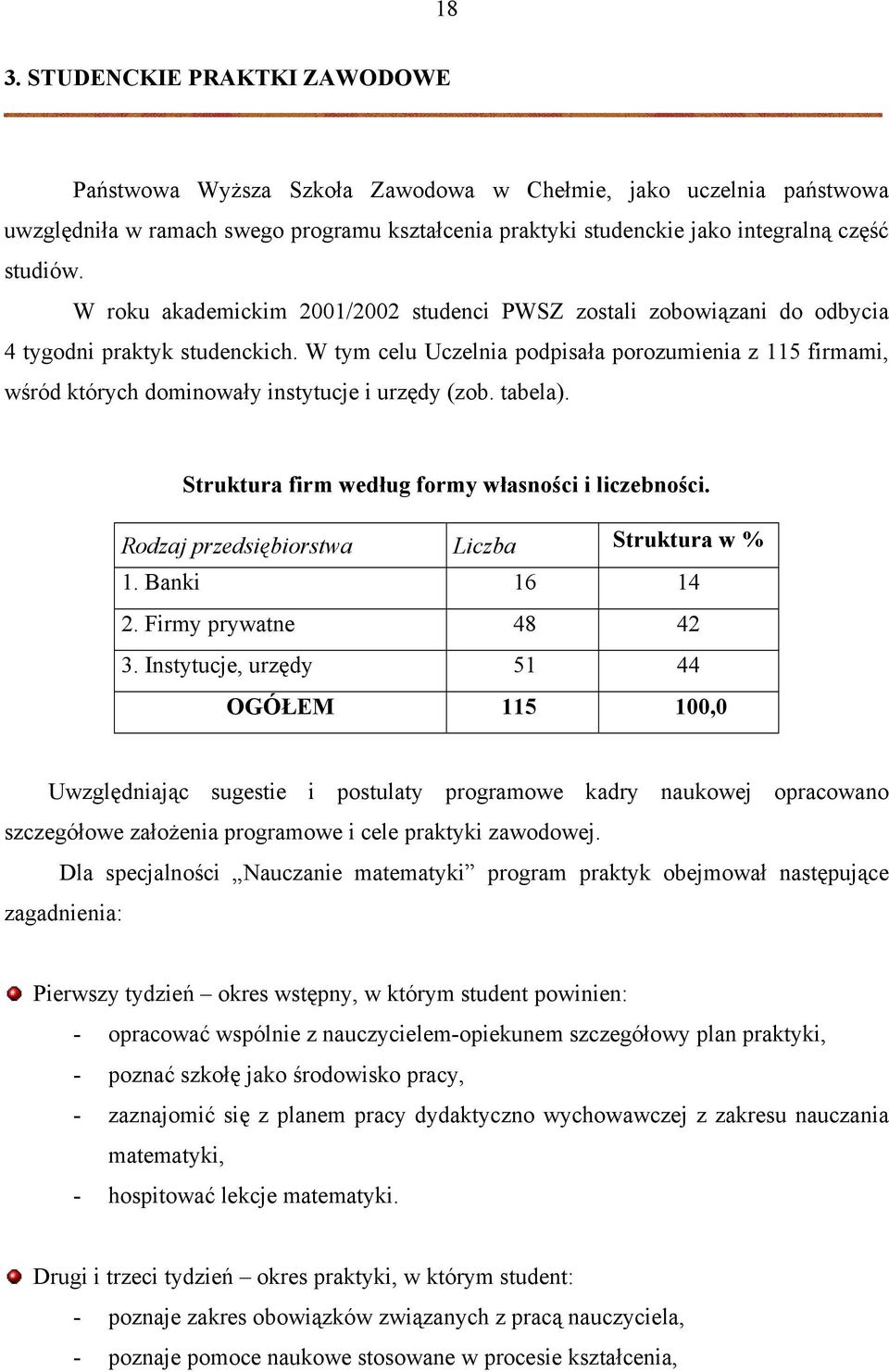 W tym celu Uczelnia podpisała porozumienia z 115 firmami, wśród których dominowały instytucje i urzędy (zob. tabela). Struktura firm według formy własności i liczebności.