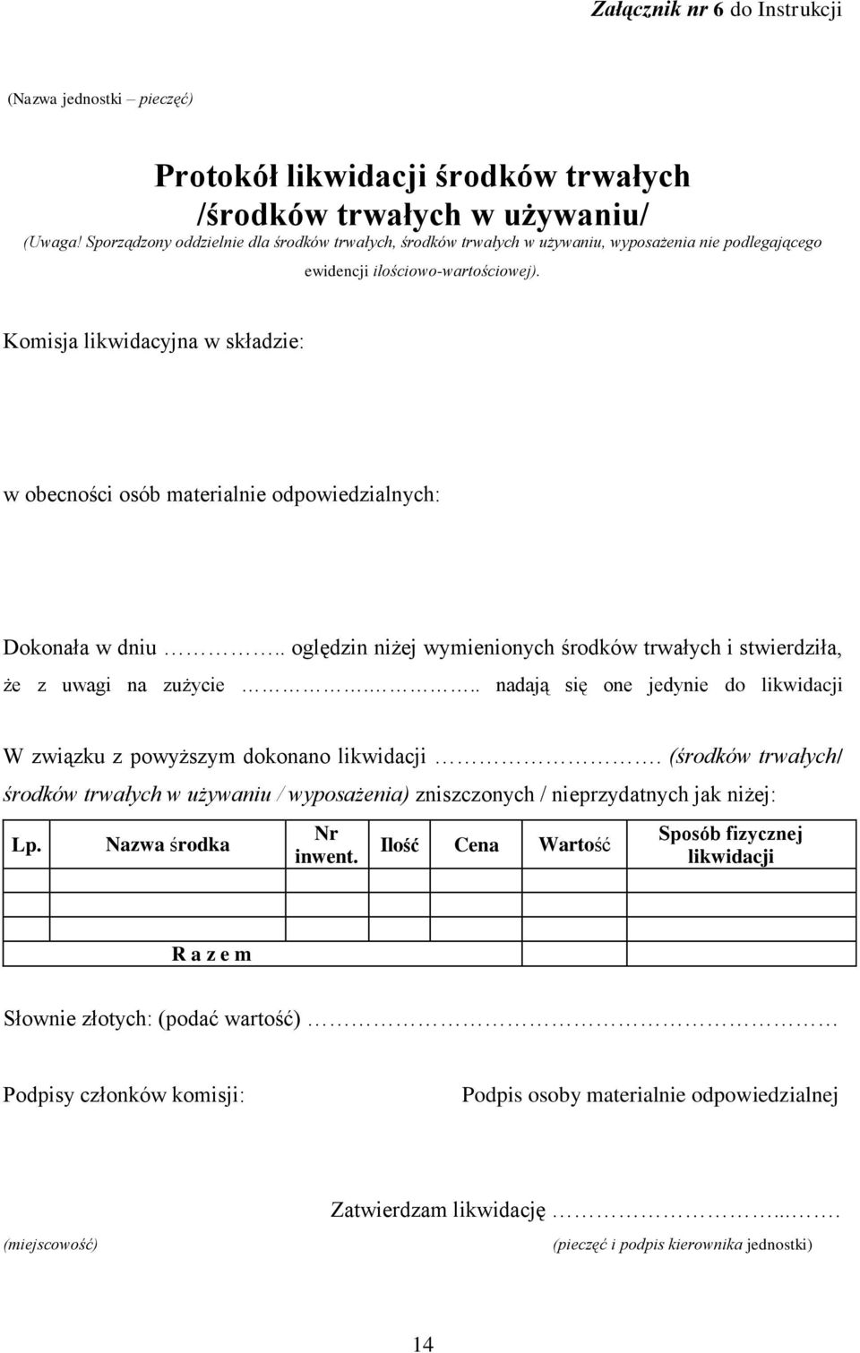 Komisja likwidacyjna w składzie: w obecności osób materialnie odpowiedzialnych: Dokonała w dniu.. oględzin niżej wymienionych środków trwałych i stwierdziła, że z uwagi na zużycie.