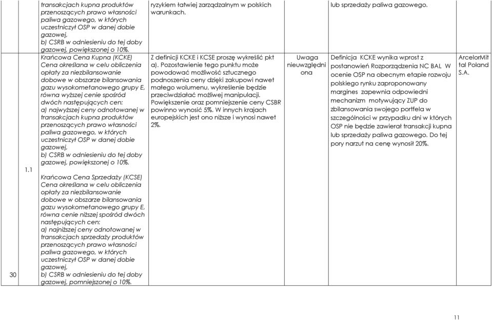 cen: a) najwyższej ceny odnotowanej w transakcjach kupna produktów przenoszących prawo własności paliwa gazowego, w których uczestniczył OSP w danej dobie gazowej, b) CSRB w odniesieniu do tej doby