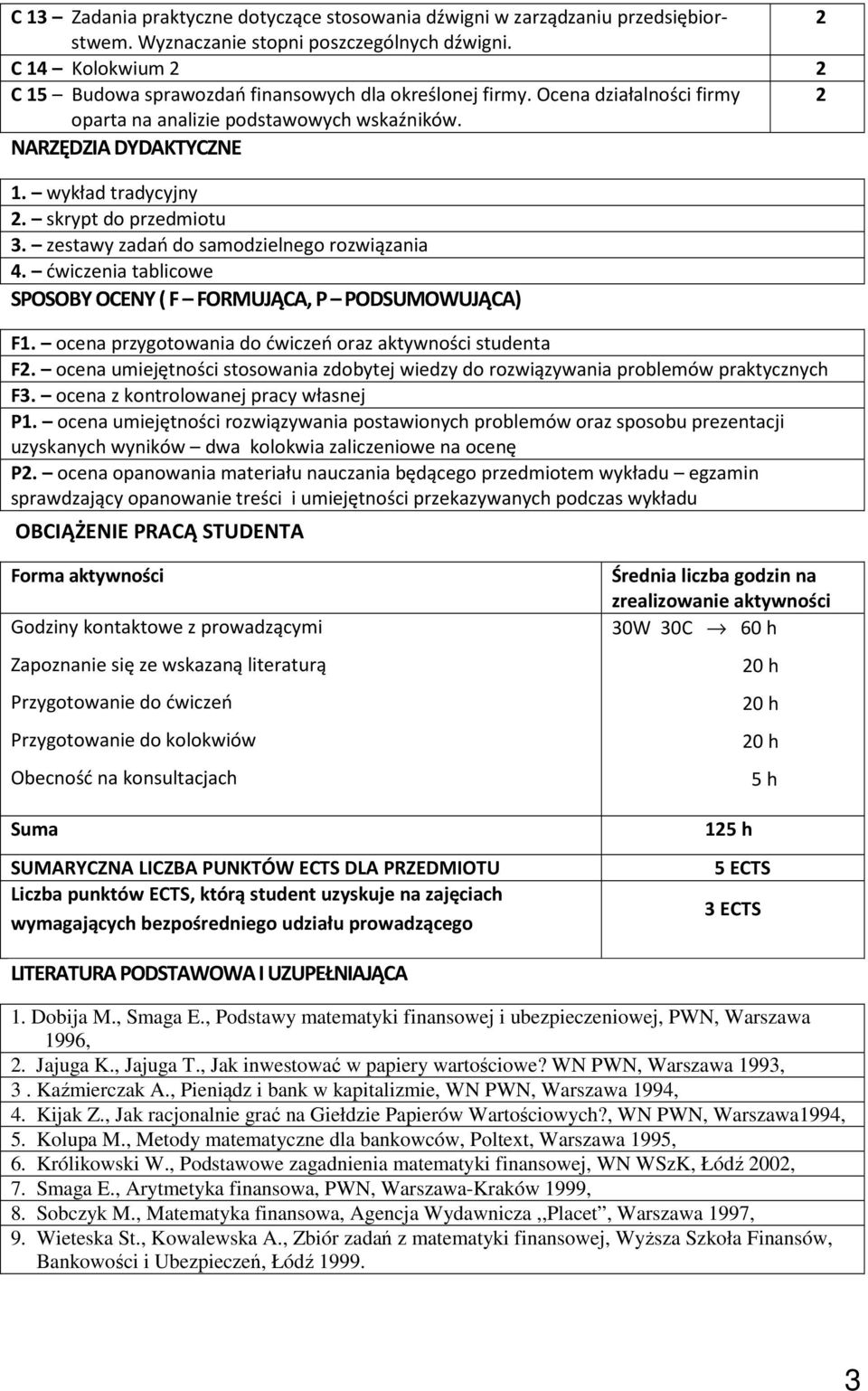 skrypt do przedmiotu 3. zestawy zadań do samodzielnego rozwiązania 4. ćwiczenia tablicowe SPOSOBY OCENY ( F FORMUJĄCA, P PODSUMOWUJĄCA) F1. ocena przygotowania do ćwiczeń oraz aktywności studenta F.