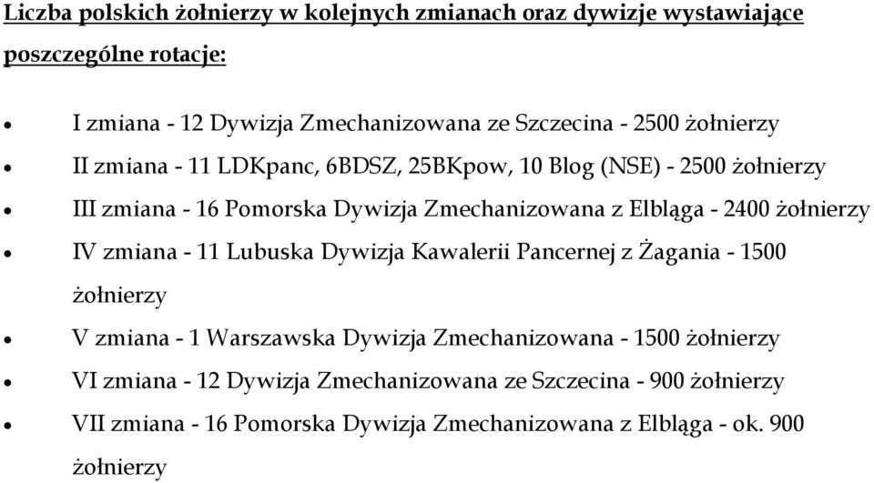 2400 żołnierzy IV zmiana - 11 Lubuska Dywizja Kawalerii Pancernej z Żagania - 1500 żołnierzy V zmiana - 1 Warszawska Dywizja Zmechanizowana - 1500