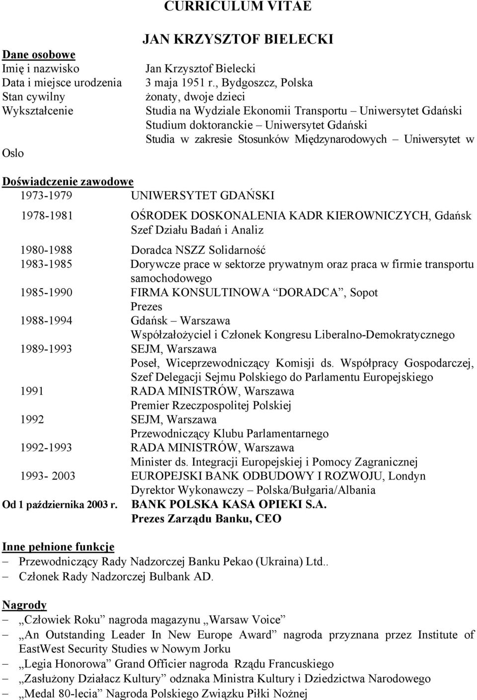 Doświadczenie zawodowe 1973-1979 UNIWERSYTET GDAŃSKI 1978-1981 OŚRODEK DOSKONALENIA KADR KIEROWNICZYCH, Gdańsk Szef Działu Badań i Analiz 1980-1988 Doradca NSZZ Solidarność 1983-1985 Dorywcze prace w