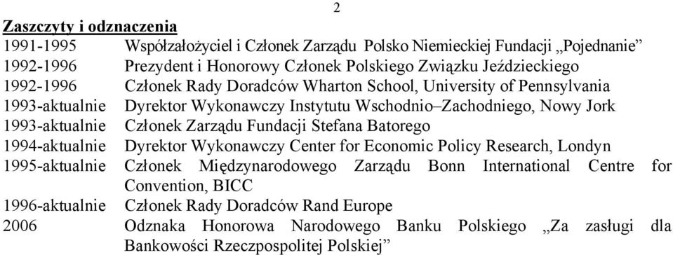 1993-aktualnie Członek Zarządu Fundacji Stefana Batorego 1994-aktualnie Dyrektor Wykonawczy Center for Economic Policy Research, Londyn 1995-aktualnie Członek Międzynarodowego