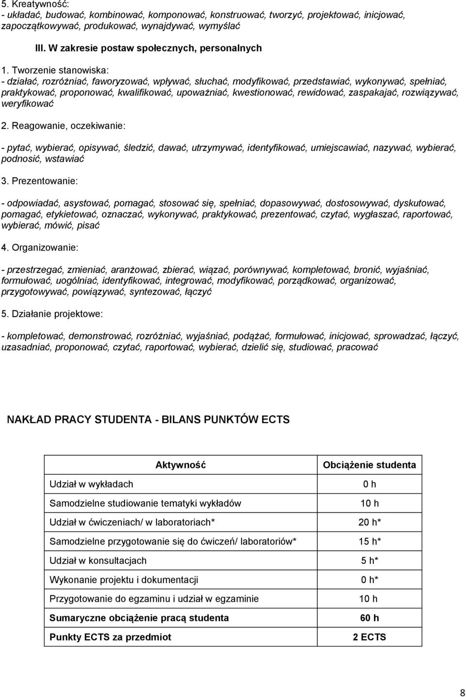 Tworzenie stanowiska: - działać, rozróżniać, faworyzować, wpływać, słuchać, modyfikować, przedstawiać, wykonywać, spełniać, praktykować, proponować, kwalifikować, upoważniać, kwestionować, rewidować,