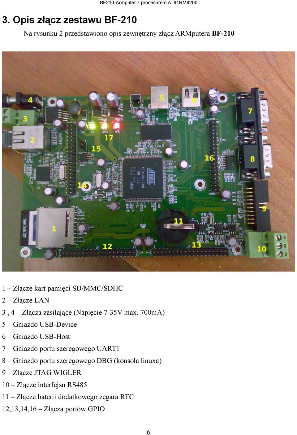 700mA) 5 Gniazdo USB-Device 6 Gniazdo USB-Host 7 Gniazdo portu szeregowego UART1 8 Gniazdo portu szeregowego