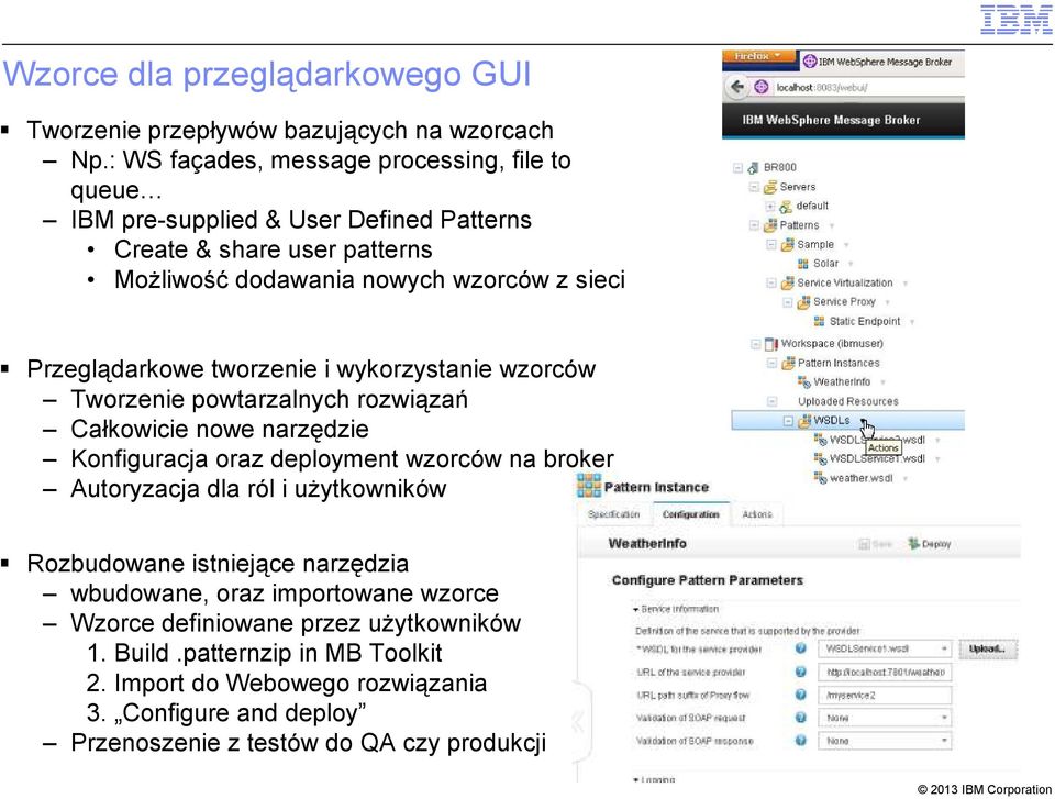 Przeglądarkowe tworzenie i wykorzystanie wzorców Tworzenie powtarzalnych rozwiązań Całkowicie nowe narzędzie Konfiguracja oraz deployment wzorców na broker Autoryzacja